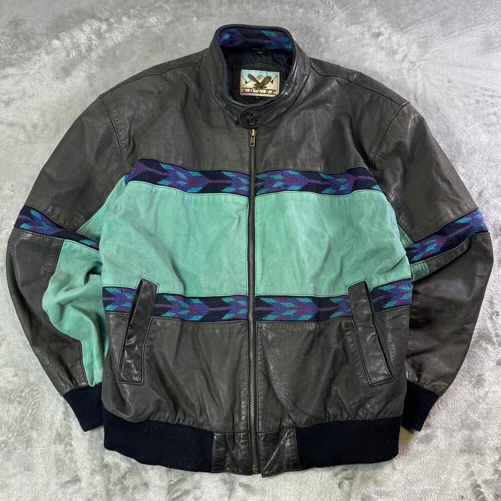 Vintage Adler Distressed Leather Jacket Southwestern Aztec Pattern Colorblock